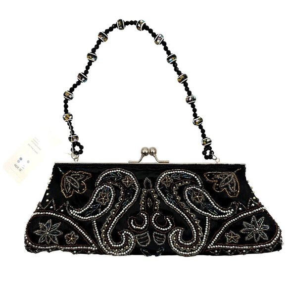 NWT Apt. 9 Black Beaded Evening Handbag Decorative Strap & Snap Closure - Picture 1 of 10